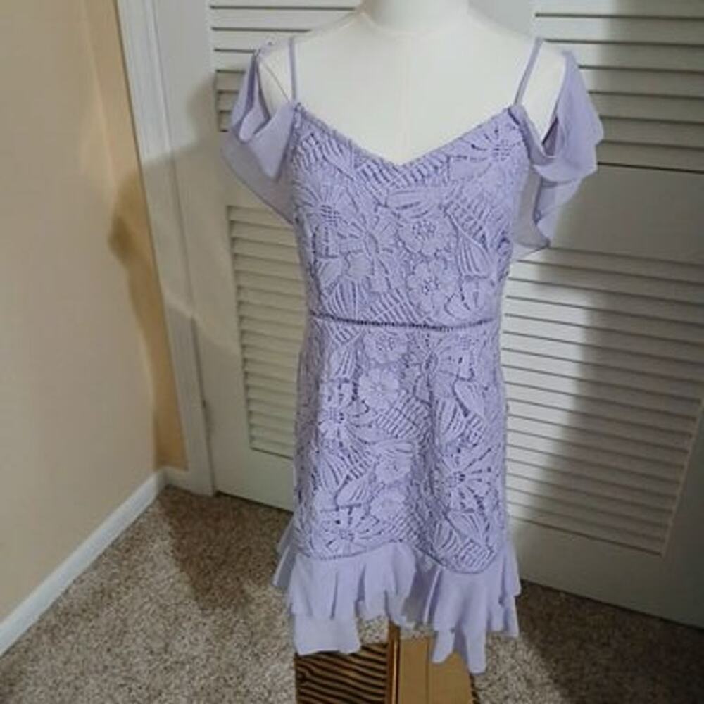 BOOHOO US 8 Lavender Lace Ruffle knee-length Dress spag strap w/ruffle shoulders
